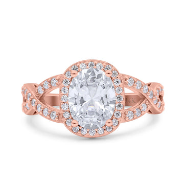 14K Rose Gold Infinity Twisted Shank Art Deco Oval Wedding Ring Simulated Cubic Zirconia Size-7